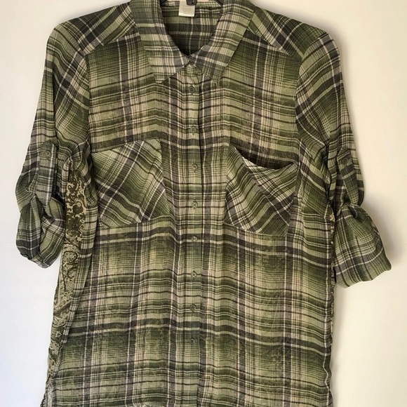 Band of Gypsies Green Sheer Plaid Long Sleeves Button Down Shirt Blouse … - Picture 2 of 7